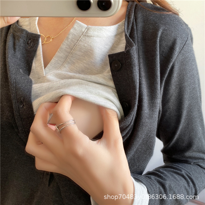 New Long-Sleeve Faux Two-Piece Maternity Loungewear Nursing Base Layer 9218