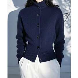 时尚高级感绝美蓝色长袖毛衣针织开衫女秋冬款洋气好看通勤小衫