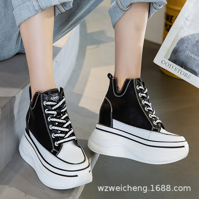 Thick-Soled Sneakers for Women 2025 Autumn New Genuine Leather High-Top White Casual Versatile Height-Increasing Women's Shoes 10cm