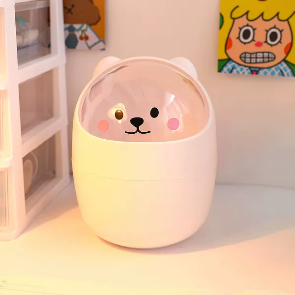 White garbage can, with little bears