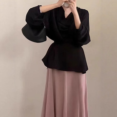 春秋穿搭一整套气质黑色2025款衬衫上衣女半身裙韩系chic两件套装