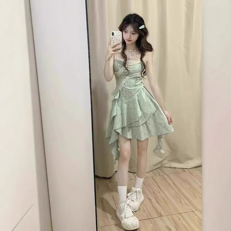 Sweet Hot Girl Ruffled Suspender Dress Fairy Summer Slimming Skirt Asymmetrical Temperament Seaside Beach Skirt