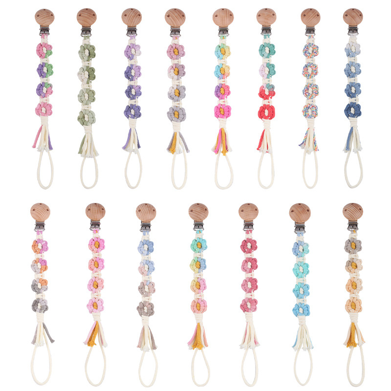 Productos para bebés Clip de chupete de haya Creativo Tejido a mano Estilo pastoral Cadena de chupete de margarita de color