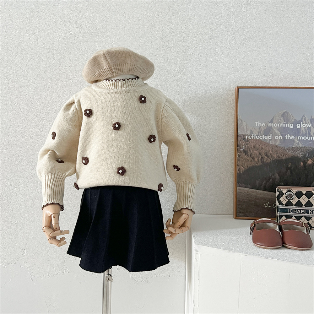 Gonna maglione nuova autunno/inverno 2024, testa lavorata a maglia per bambini, gonna principessa con fiori fatta a mano per bambine, due pezzi_voghion.com