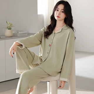 新款纯棉睡衣女春秋季长袖翻领开衫宽松长裤简约休闲款家居服套装