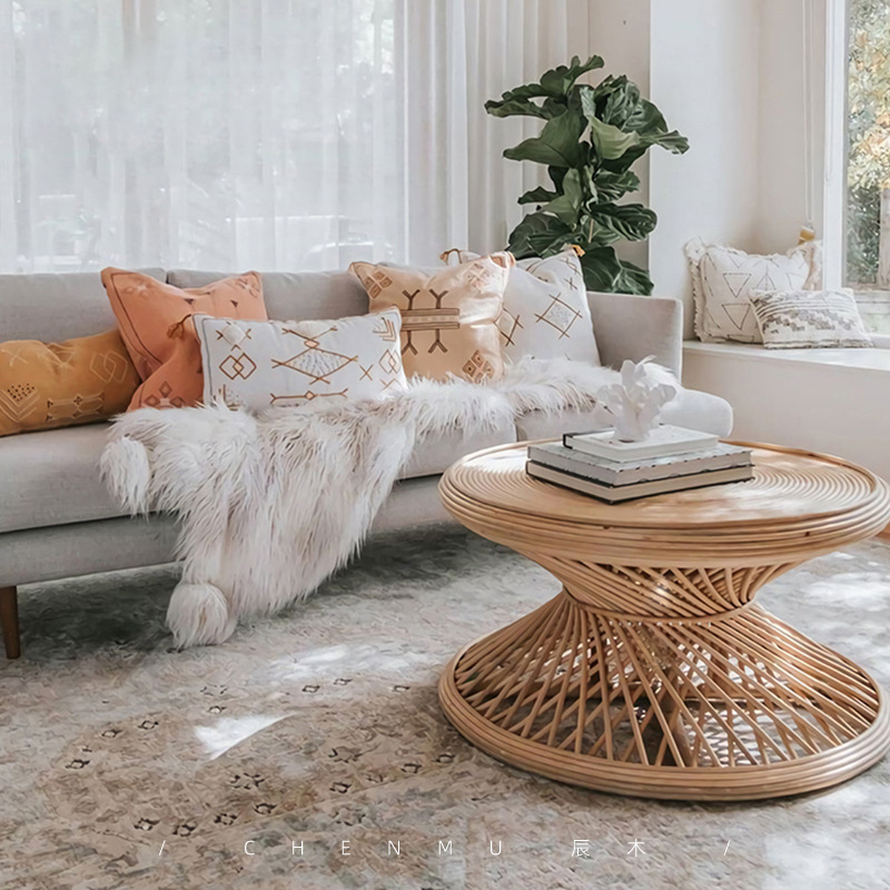 Ins verdadera mesa de té redonda de caña retro del sudeste asiático pequeña mesa redonda de estilo natural simple alojamiento de caña real redonda de caña varias casas pequeñas