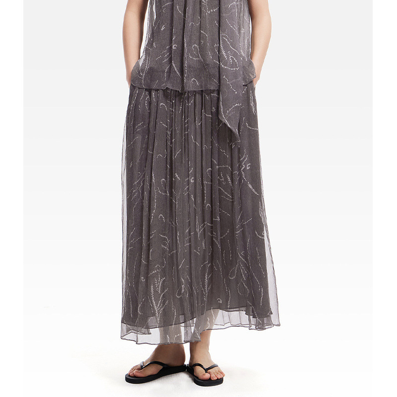 【E-Dong Order】2026 Summer New Thin Gauze Mid-Length Skirt in Coffee Color with Silk Print and Flowing Design 【E-Dong Order】2026 Summer New Thin Gauze Mid-Length Skirt in Coffee Color with Silk Print and Flowing Design