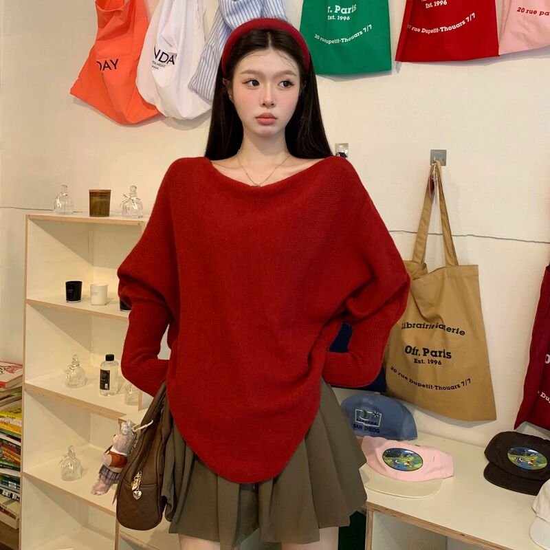 新品亚马逊欧美温柔风氛围感蝙蝠袖针织毛衣女韩版慵懒不规则上衣|undefined