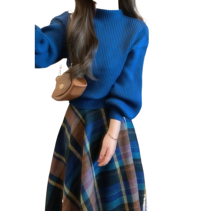 가을과 겨울 새로운 프랑스 레트로 블루 하프 터틀넥 니트 스웨터 높은 허리 격자 무늬 긴 치마 세트 스커트