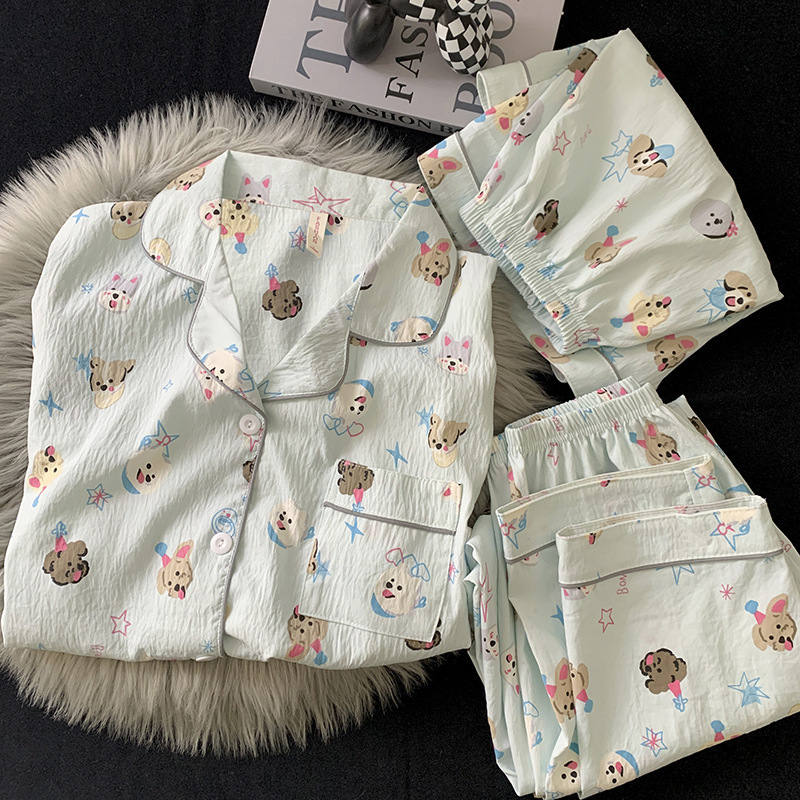 Pijamas de amor dulce de color, pantalones de manga corta de hilo de algodón de nube de verano para mujer, cárdigan de tres piezas, servicio a domicilio