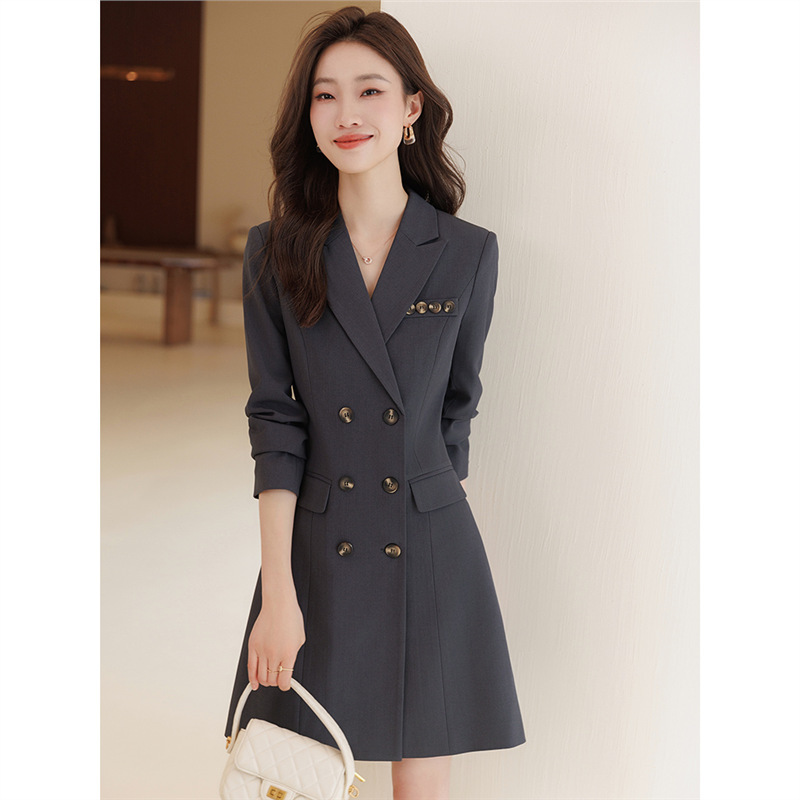 Grey Suit dress Women's Spring and Autumn Elegant Waisted Double-breasted Small Mid-length High-end Professional Workwear Dress