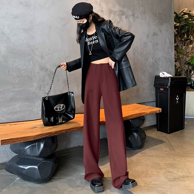 Ángora pantalones de traje rojo para mujeres 2024 otoño nuevo estilo de alto nivel sensación de pluma sensación de pluma variedad de pantalones de piernas anchas