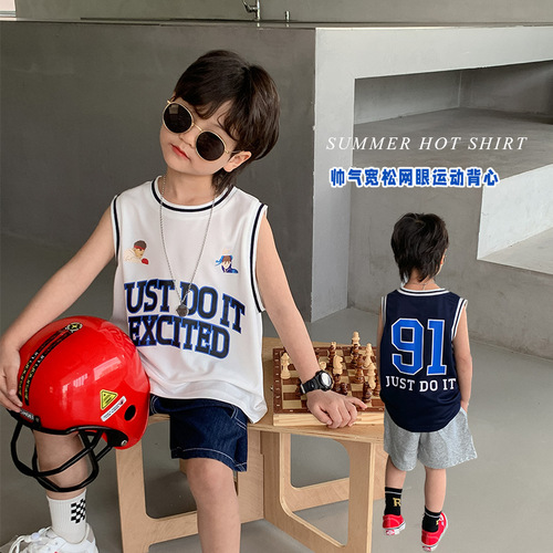 Children's Tops Boys 2024 Summer New Loose Letter Vest Baby Breathable Mesh Contrast Color Basketball Uniform Trendy
