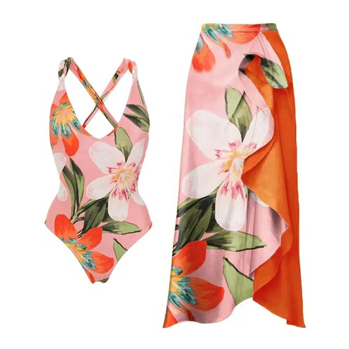 2024 European and American-style sexy fashion one-piece bikini two-piece set with cross-border printed maxi dress—beach & resort swimwear