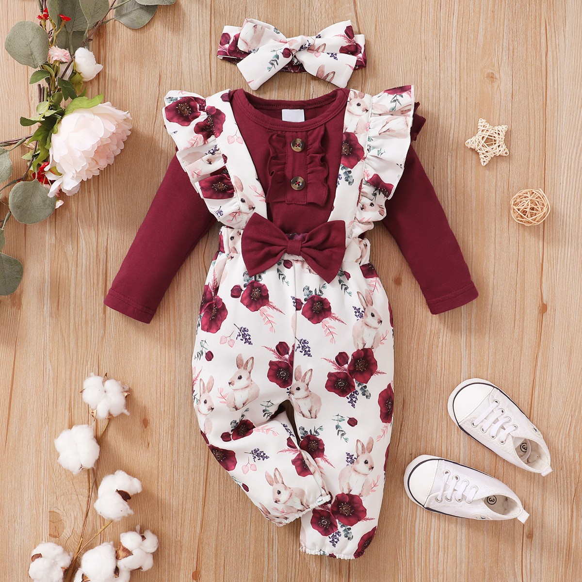 Round Neck Neckline Retro Flower Girls Clothing Sets