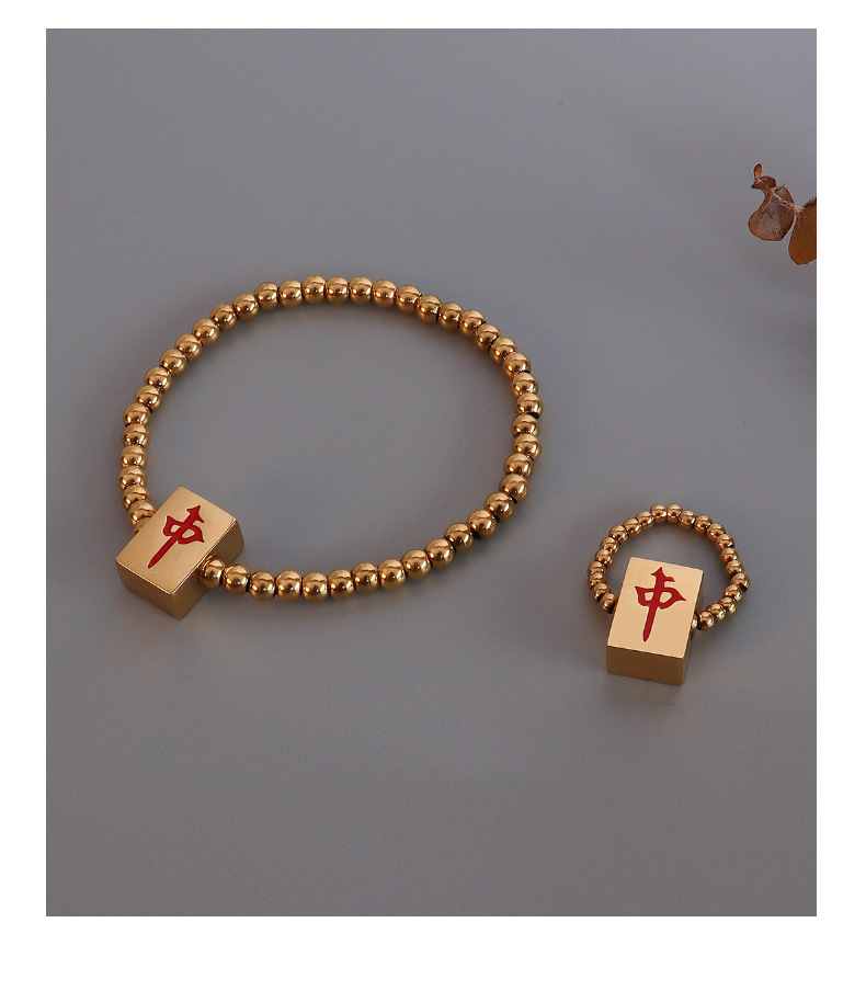 Fashion Mahjong Red Elastic Rope Titanium Steel Ring Bracelet Set display picture 6