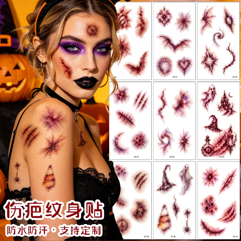 New Amazon Cross-Border Scar Water Transfer Halloween Tattoo Stickers Horror Face Stickers Bloody Wound Face Stickers