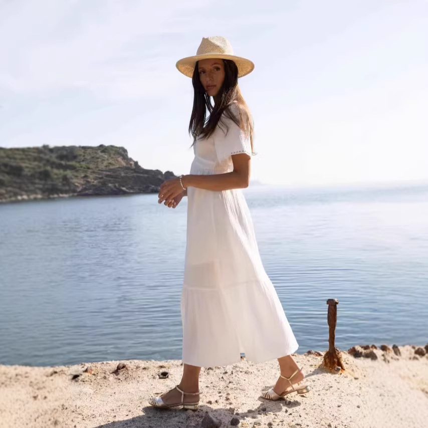 ng2510292 Strandkleid im Urlaubsstil für Damen, V-Ausschnitt, Kurzarm, Schlitz, langes Kleid, atemberaubende Midi-Länge_voghion.com