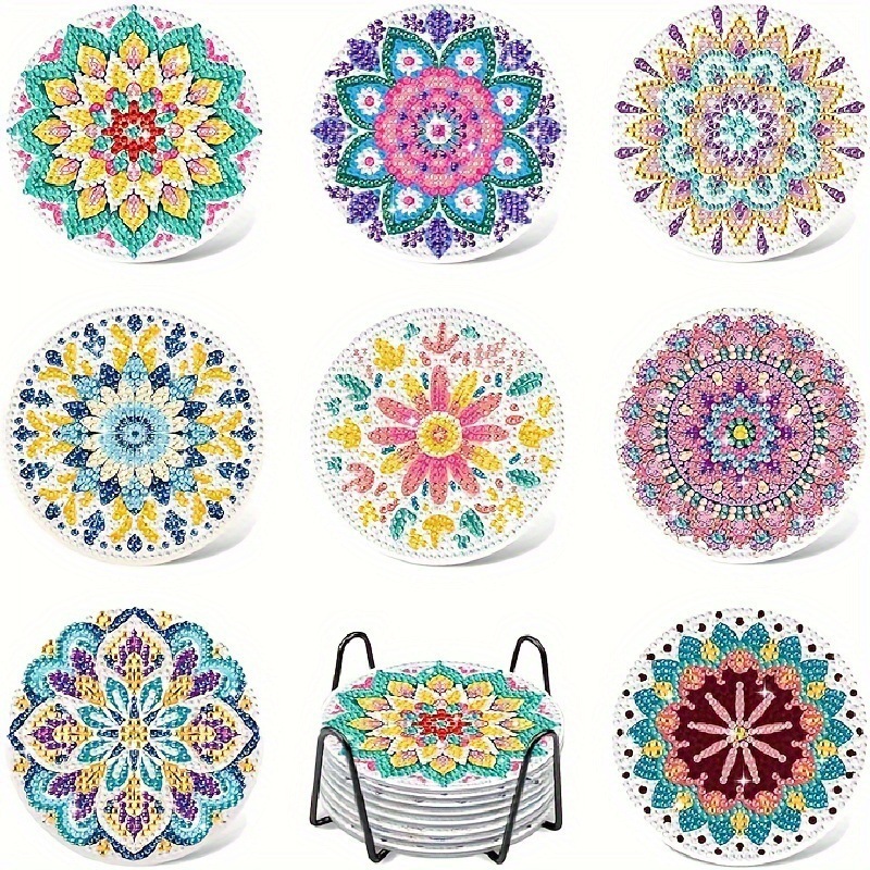Ventas transfronterizas calientes de 8 piezas de conjunto de cojín de taza de arte de diamante, con soporte, pequeño conjunto de pintura de diamante, adecuado para adultos