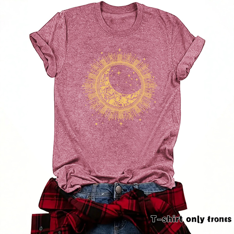 T-shirt with exquisite gold moon and star pattern, short-sleeved, round-neck, casual top, comfortable for all seasons