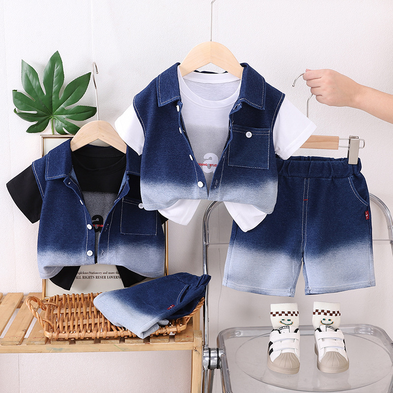 Boys' Short-sleeved Shirt suit 2025 New Lapel Baby Summer Handsome Clothes Children's Gradient Denim Three-piece Set