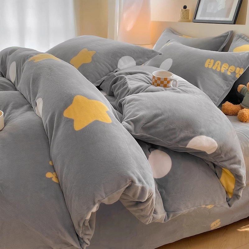 Cama de terciopelo de leche de cuatro piezas, doble cara de invierno más brida de terciopelo, sábana de terciopelo de coral, funda de edredón, ropa de cama de felpa de tres piezas