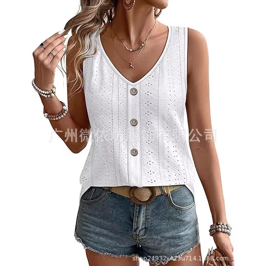 2026 Women's Vest Loose Casual Summer Top Eyelet V-Neck Basic Sleeveless Shirt 2026 Women's Vest Loose Casual Summer Top Eyelet V-Neck Basic Sleeveless Shirt