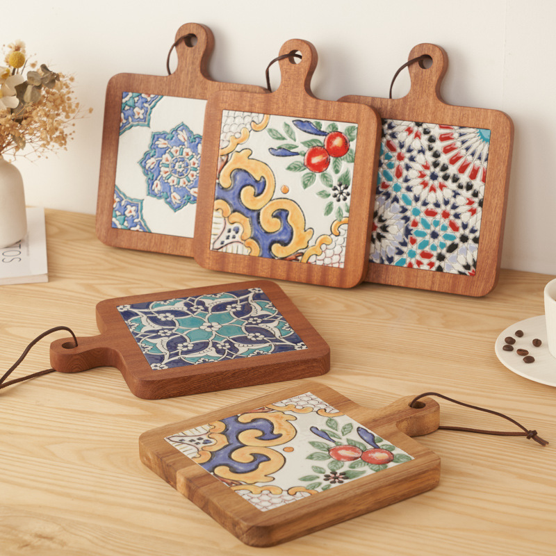 Madera maciza vintage azulejo mantel estera de aislamiento estera de mesa creativa anti-escaldado cazuela estera olla grande japonés nuevo