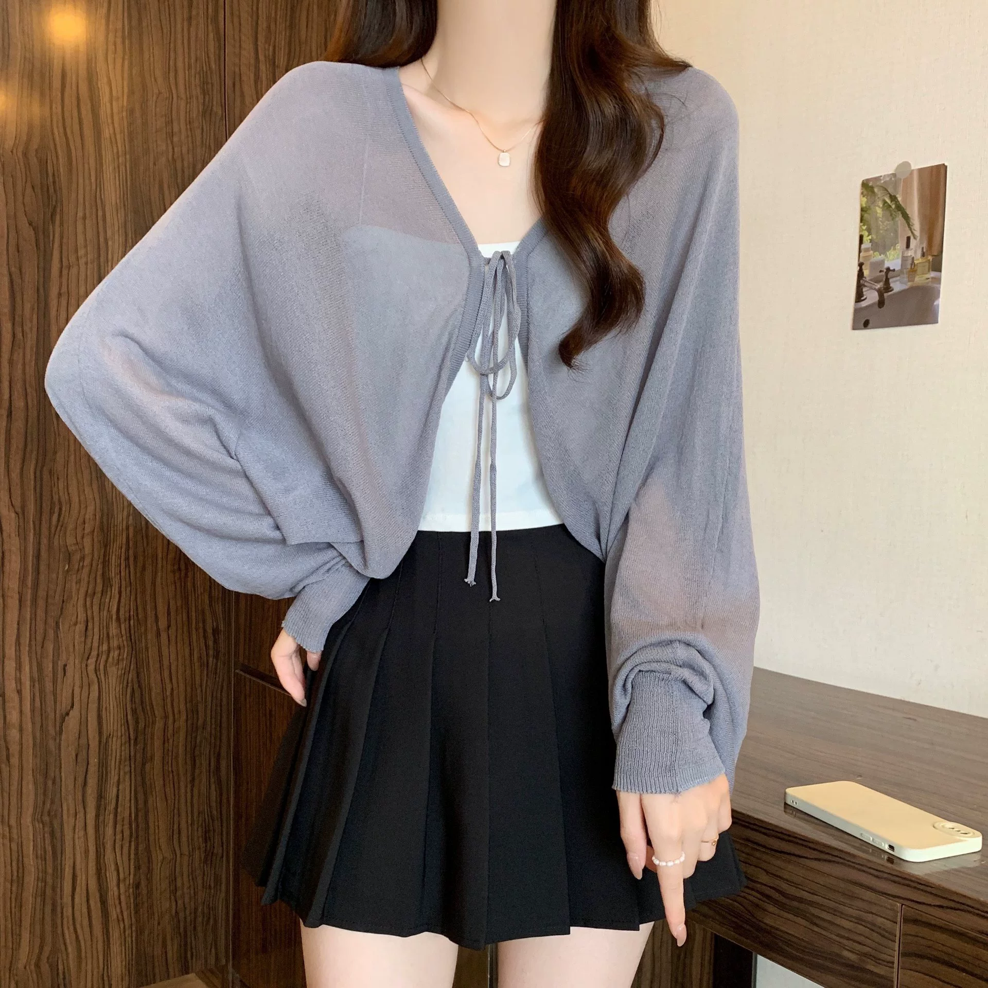 Black silk summer thin cardigan, knitted cloak, plus size, lifting effect