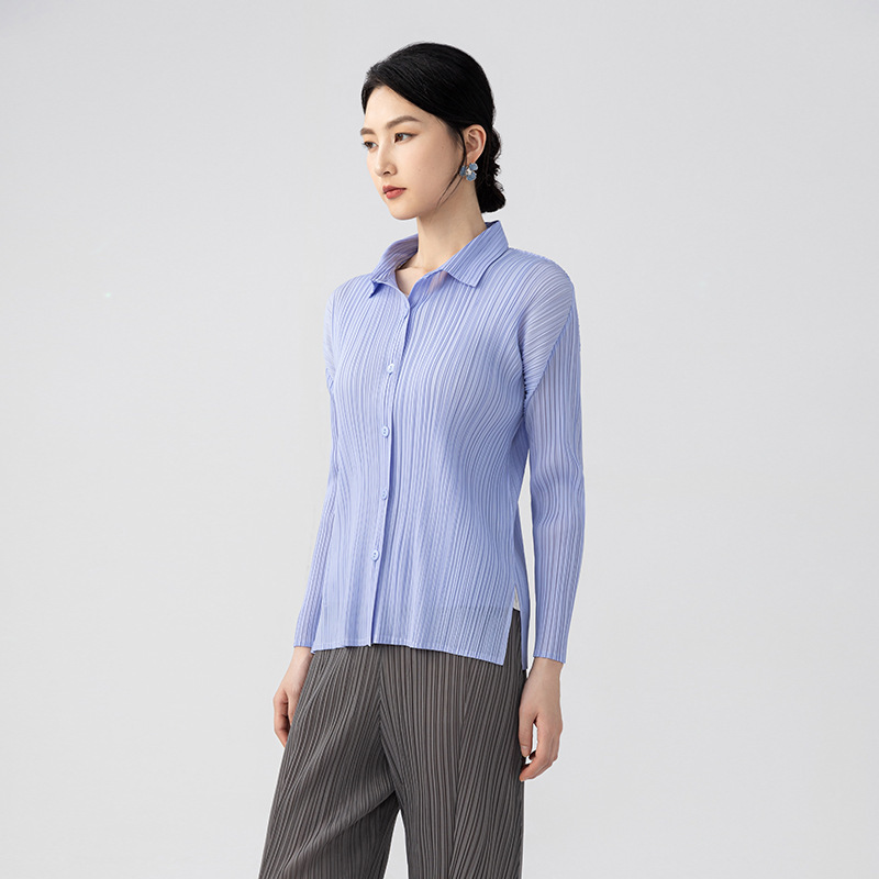 High-End Pleated Top Cardigan Long-Sleeved Shirt Women's Single-Breasted 2025 New Elegant Polo Collar Shirt Top