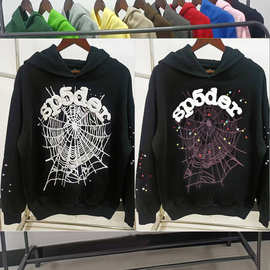 外贸原版重磅450G糕绒加厚卫衣发泡印蜘蛛网连帽衫Sp5der hoodies