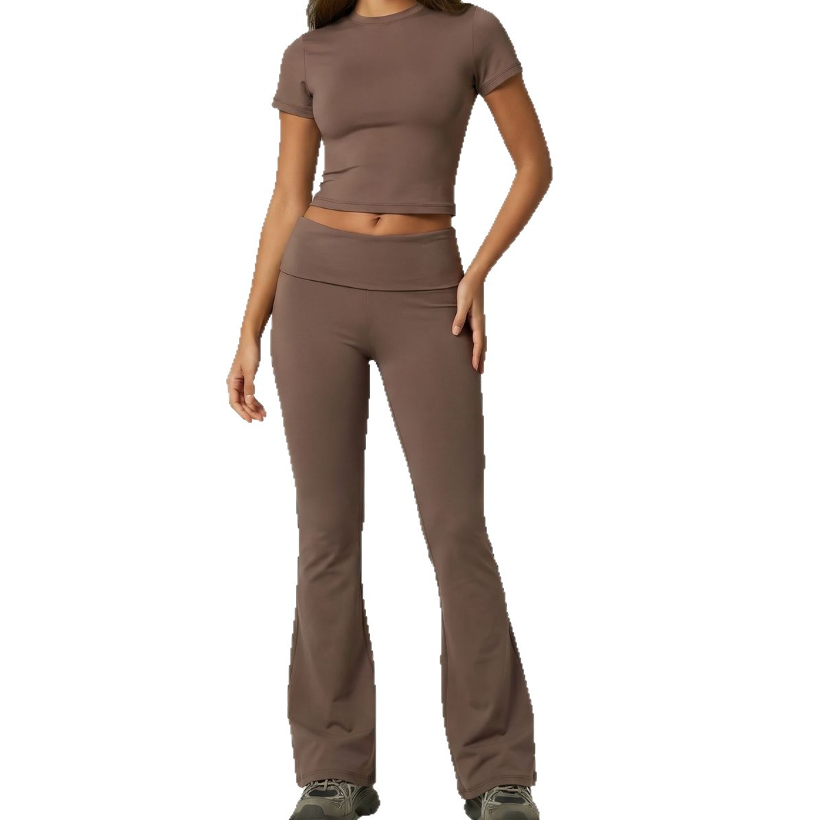 Transfronterizos Europeos y estadounidenses ropa deportiva de secado rápido, mangas cortas, pantalones largos, pantalones de cuchilla, abdomen cerrado, caderas elevadas, ropa de yoga desnuda