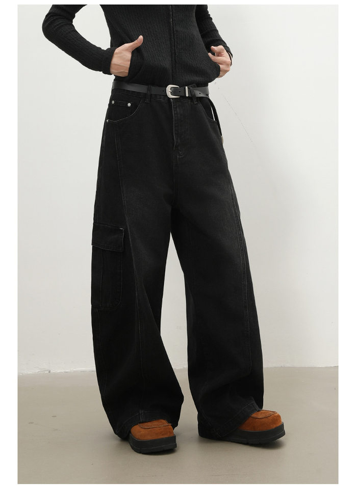 Quần jean nam ống rộng baggy phong cách retro Mỹ, nhiều túi khóa kéo, lưng giữa eo — màu xám đen chi tiết 8