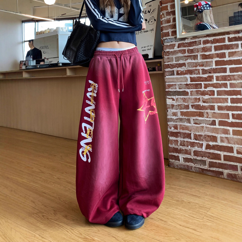 Vintage Letter Print Washed Gradient Loose Wide-Leg Casual Sweatpants for Women Autumn Jazz Dance Pants Scimitar Pants