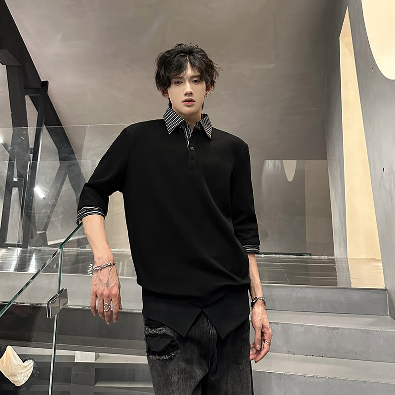 黑色美式垫肩polo衫短袖男模痞帅穿搭夏季t恤假两件收腰六七分袖