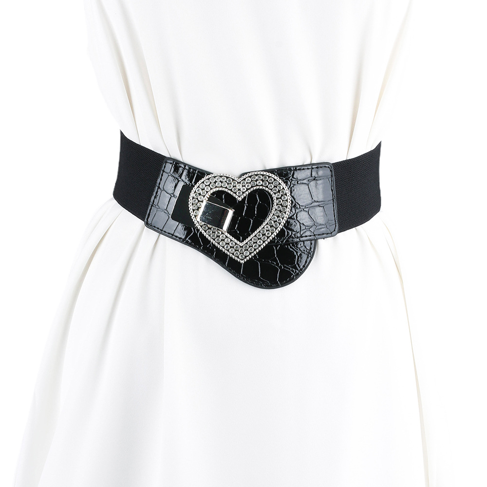 Cintura larga elastica nera alla moda da donna con decorazioni di diamanti, vestito, cappotto, chiusura in vita, strass, ragazza alla moda e paffuta_voghion.com