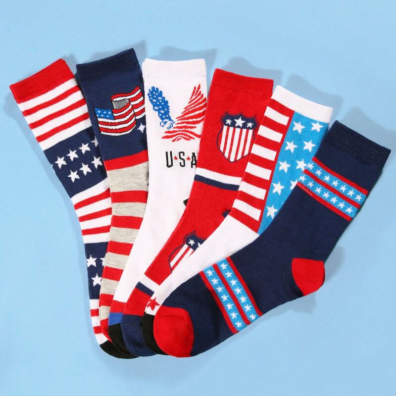Thin Cross-Border Socks, Casual Men's Popular Style, American Independence Day Flag Striped Mid-Calf Socks, Polyester-Cotton High Socks Wholesale