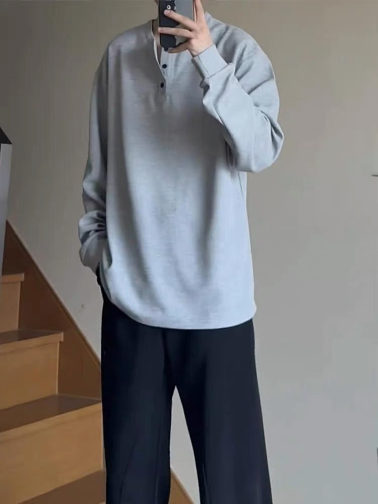 New waffle long sleeved T-shirt for men in spring and autumn vintage Henry collar, loose casual base shirt_voghion.com