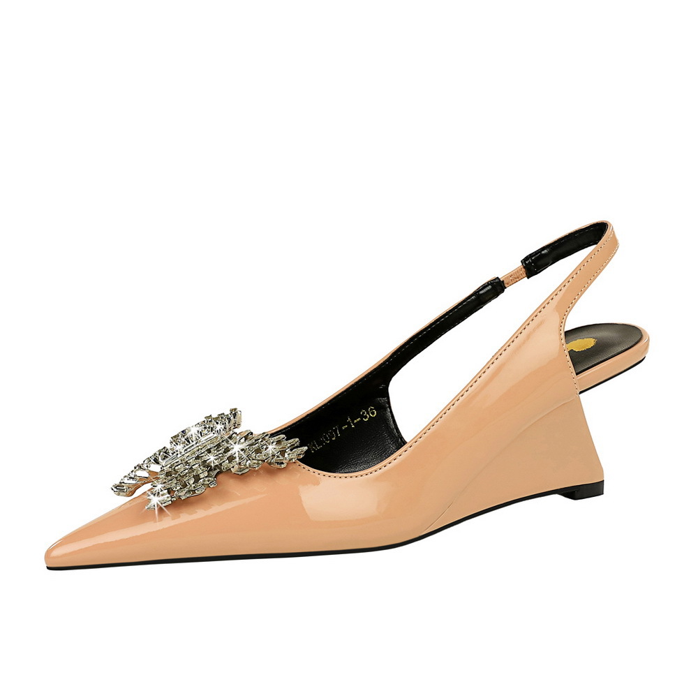 1097-K53 High Heel Slope Heel Lacquer Leather Shallow Mouth Pointed Hollow Back Strap Metal Diamond Bow Tie Single Shoes Women's Shoes