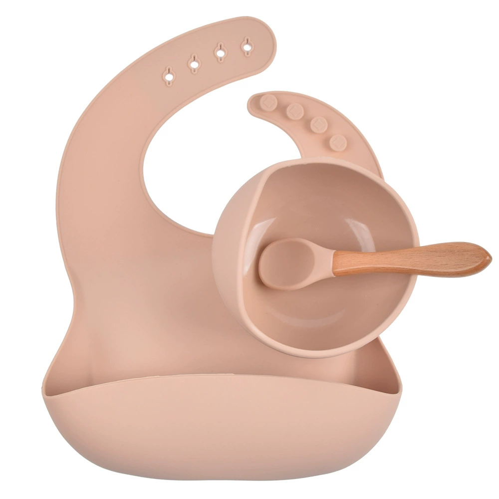 Silicone children's tableware set — bib, bowl and spoon with suction base, multi-color