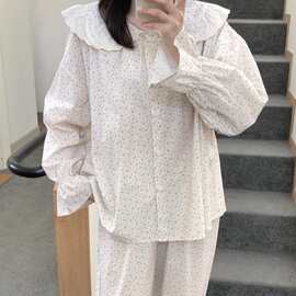 韩国ins女士春秋新品韩系小碎花娃娃领花边家居服睡衣套装家居服