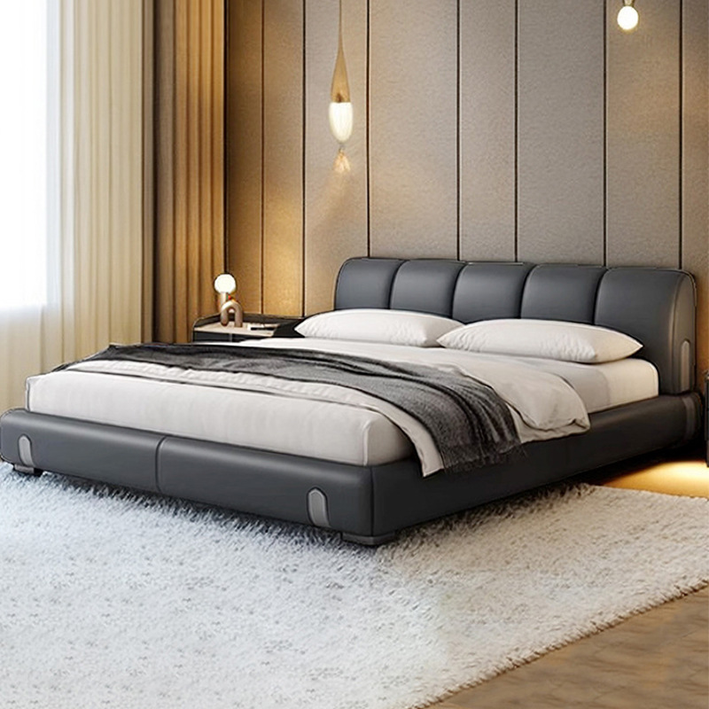 Fábrica de suministro de diseño minimalista italiano cama de cuero real 1.8m simple moderna pequeña cama doble dormitorio principal