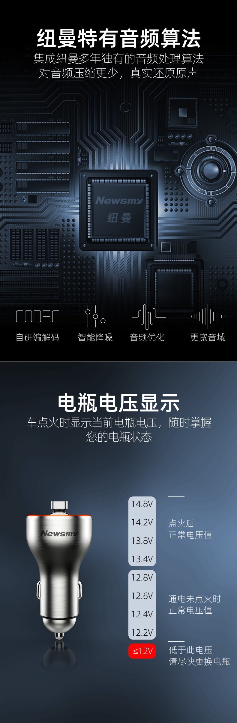 [New Flagship] Newman Metal Lossless Super Fast Charging Car Bluetooth Receiver Mp3 Player Fm Transmitter