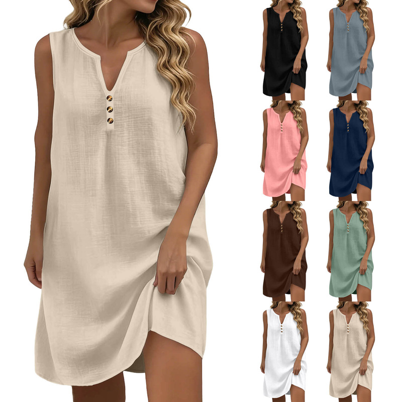 Women's Summer Cotton-Linen Imitation Sleeveless Tank Dress Long Dress (with Adjustable Buckle) Women's Summer Cotton-Linen Imitation Sleeveless Tank Dress Long Dress (with Adjustable Buckle)