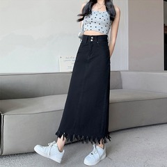 レトロなフリンジの後に開いたデニムのスカートの女性2025年の春夏のデザイン感の中で長いスカートの高腰のa字のスカート