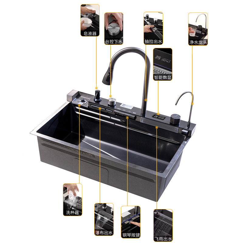 Fábrica de pelo recto ballena acero inoxidable grande de un solo tanque multifunción pantalla digital en relieve cocina nano fregadero hogar fregadero
