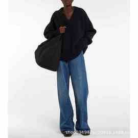 Row套头V领毛衣女士显瘦外穿2025秋冬简约羊毛软糯宽松深蓝色上衣