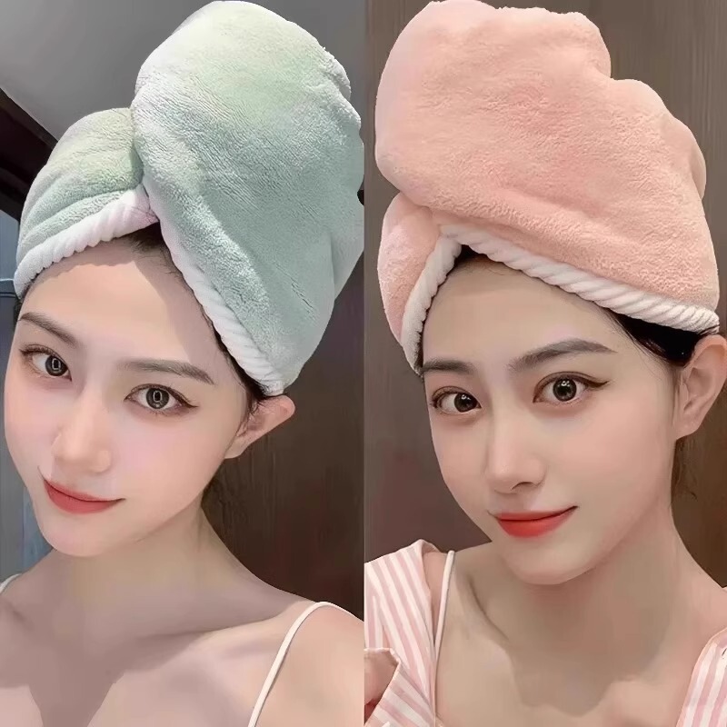Contrast Color Coral Fleece Hair Drying Cap Double Thickened Quick Women's Drying Shower Cap Household Super Absorbent Hair Washing Towel