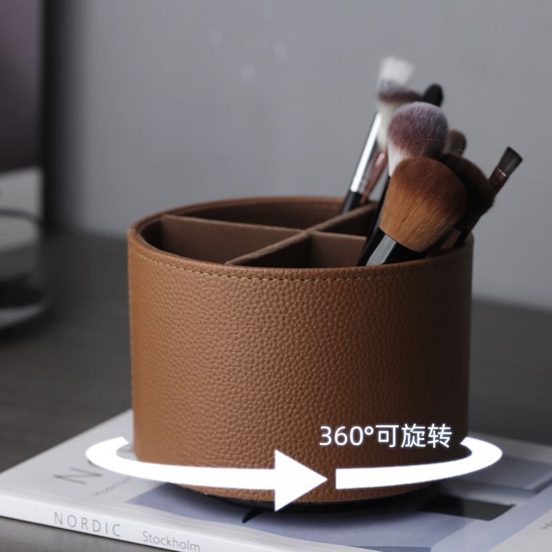 M0B桌面旋转化妆刷收纳筒化妆品置物架梳妆台眼影刷子口红盒皮质