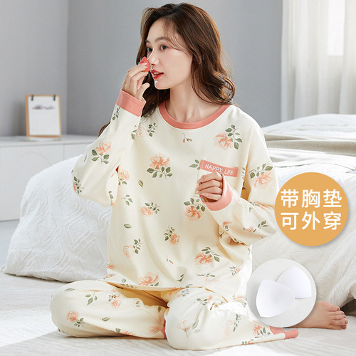 Ladies' Long Sleeve Cotton Pajama Set with Bra Cup for Autumn and Winter, Korean Style, Cartoon Cute Casual Sleepwear Set, Wearable Outdoors Home Clothes Set